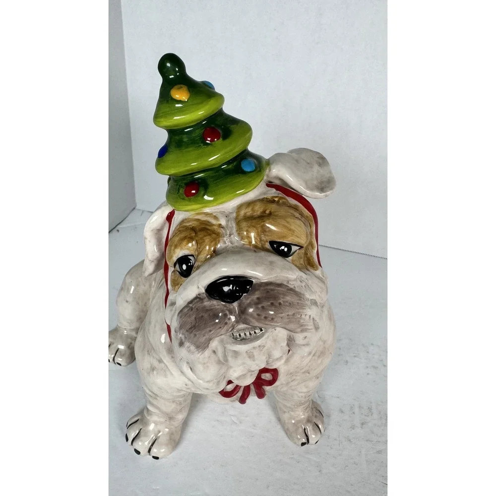 Blue Sky Clayworks Christmas Bulldog‎ Figurine w/ Tree Hat Holiday Decor Dog